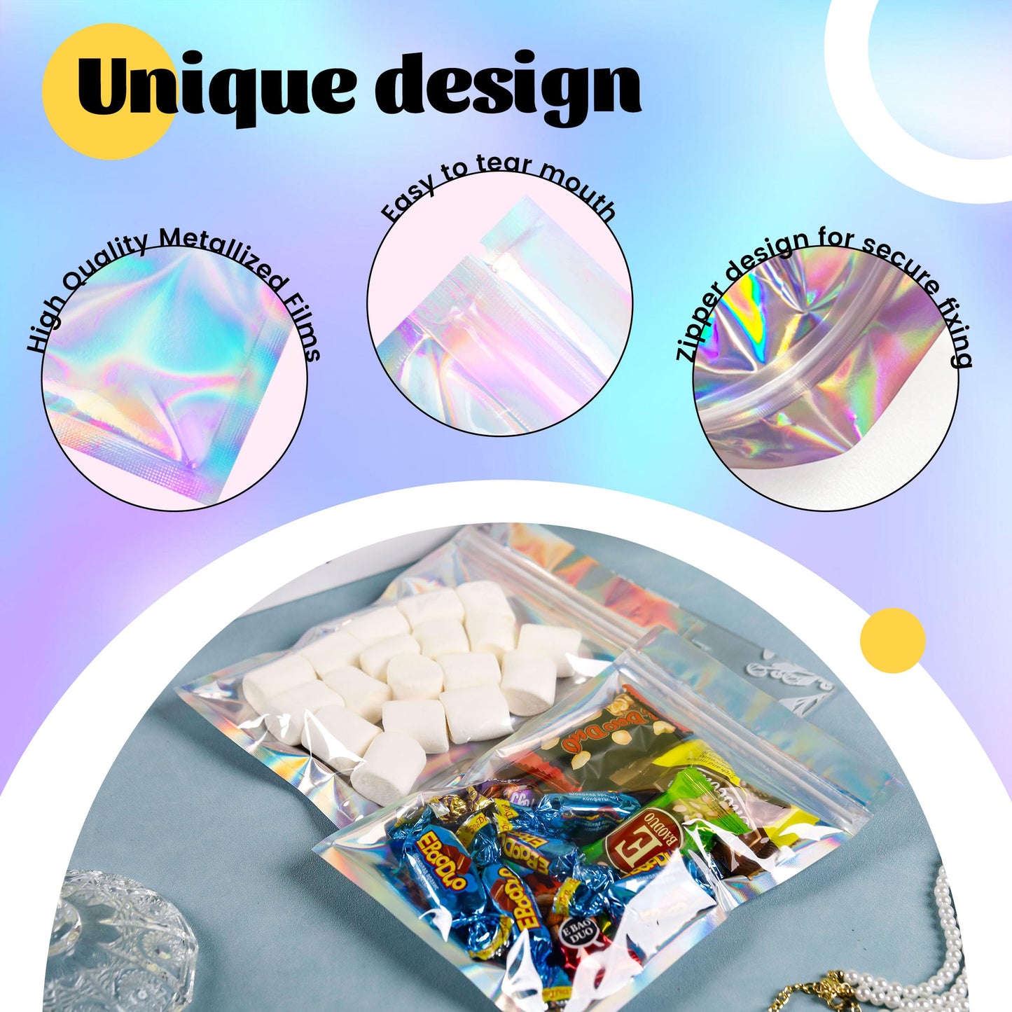 200 Pack 5x8 Mylar Bags with Window Stand Up Bgas 7.5mil Thick for Food Storage and Resealable for Small Business Packaging Bag