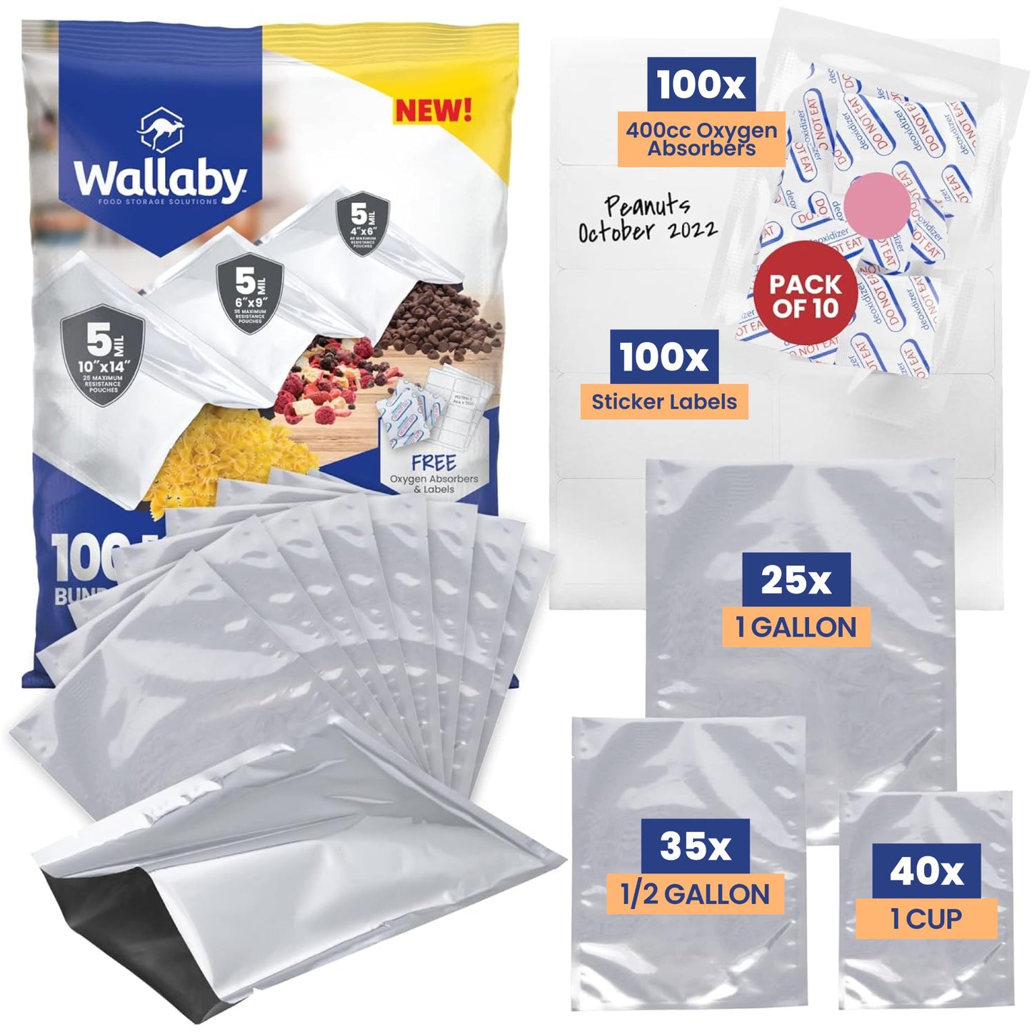 Wallaby 15 Count 5-Gallon Mylar Bags with 2500cc Oxygen Absorbers, 10 Mil Total Thickness Long-Term Food Storage Pouches, 20x30 Resealable Zipper Heat-Sealable Airtight Packaging - Silver