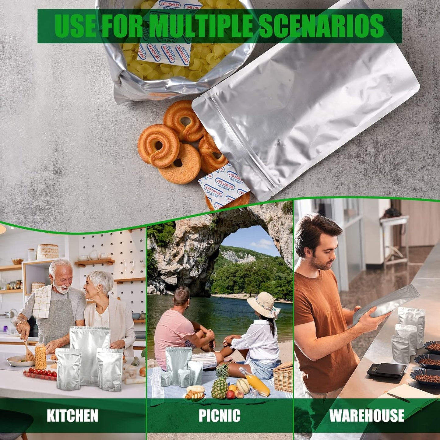 120 Mylar Bags for Food Storage with Oxygen Absorbers 120 x 300cc, Mylar Bags 9 Mil 1 Gallon, 1 Quart, 1/2 Pint, 40 Oz, Stand-Up Zipper Resealable Bags & Heat Sealable Food Storage Bags + Labels