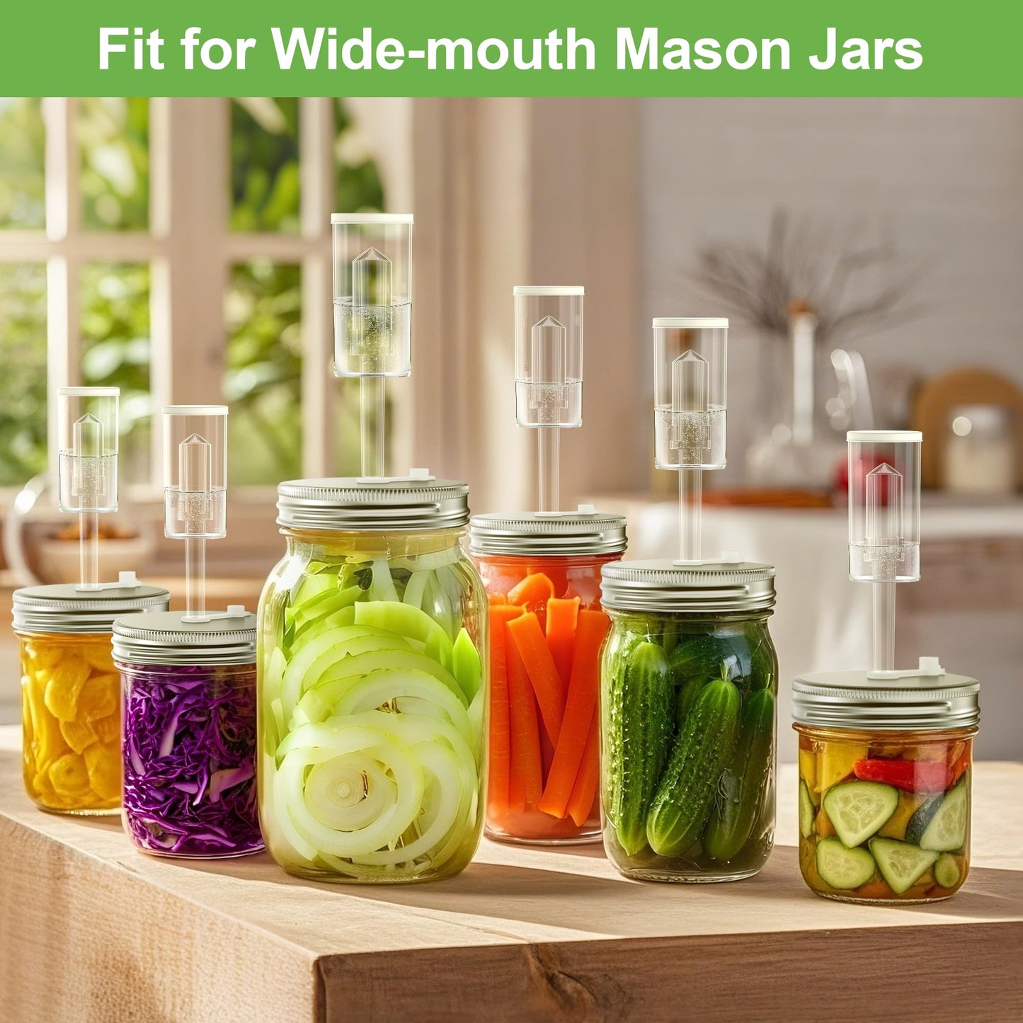 Fermentation Kit for Wide Mouth Mason fermentation Jar,pickling/sauerkraut kit with 4 Glass Fermentation Weights,4 Fermenting Lids,4 airlocks,5 Silicone Rings,5 Silicone Grommet （ Jars Not Included ）