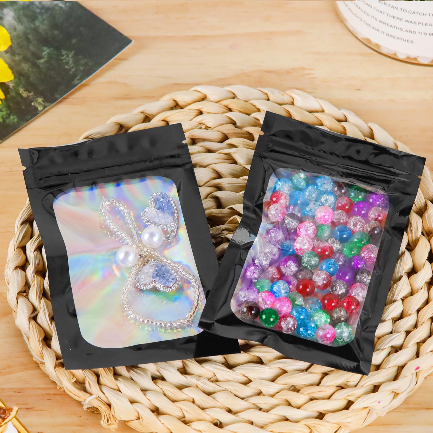 200 Pack 5x8 Mylar Bags with Window Stand Up Bgas 7.5mil Thick for Food Storage and Resealable for Small Business Packaging Bag