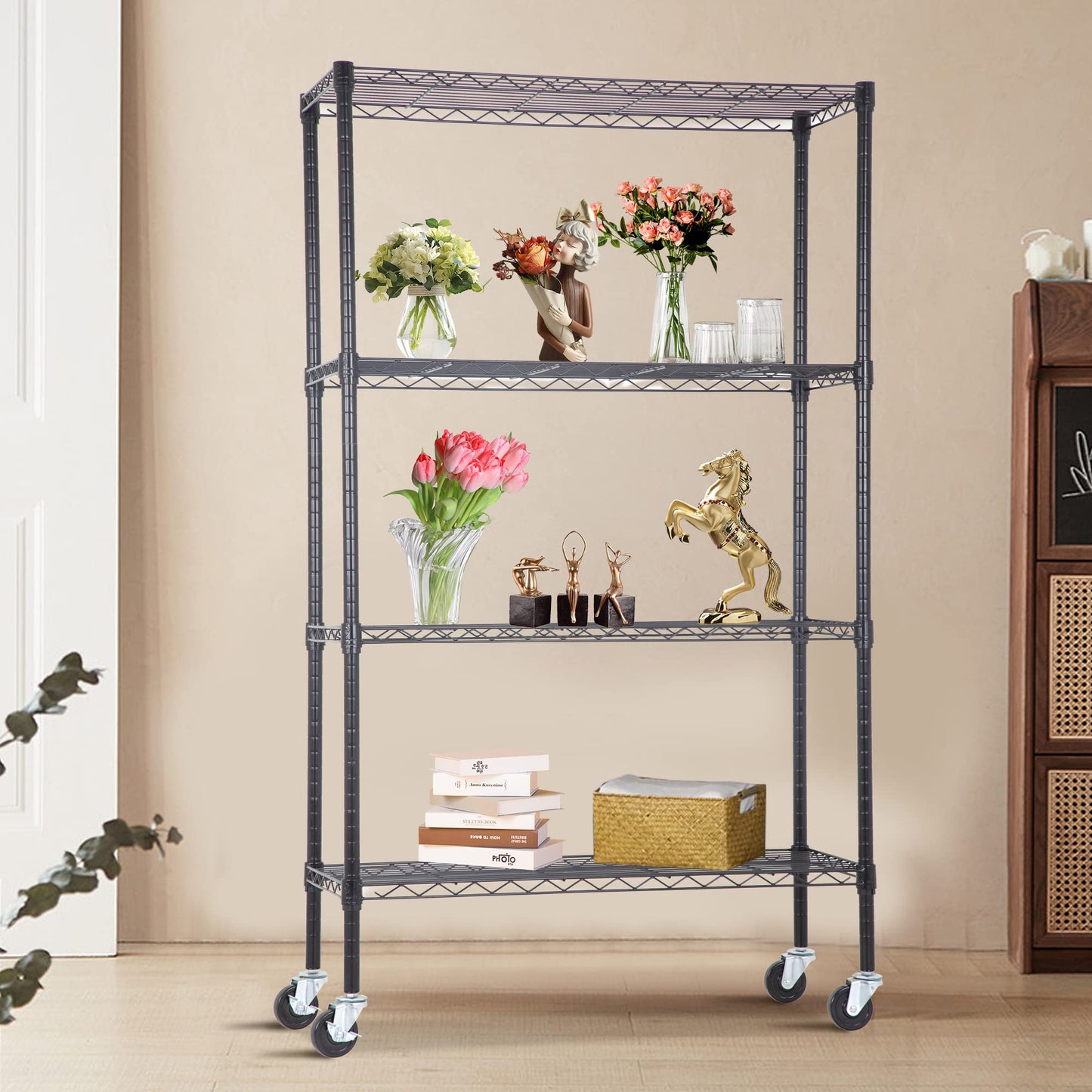BestOffice | 4-Tier Wire Storage Shelves | 36x14x54 | Black | with Adjustable Racks | Heavy-Duty Metal Shelf, Holds Upto 1000 lbs | No-Tool Assembly | Ideal for Home & Garage Shelving