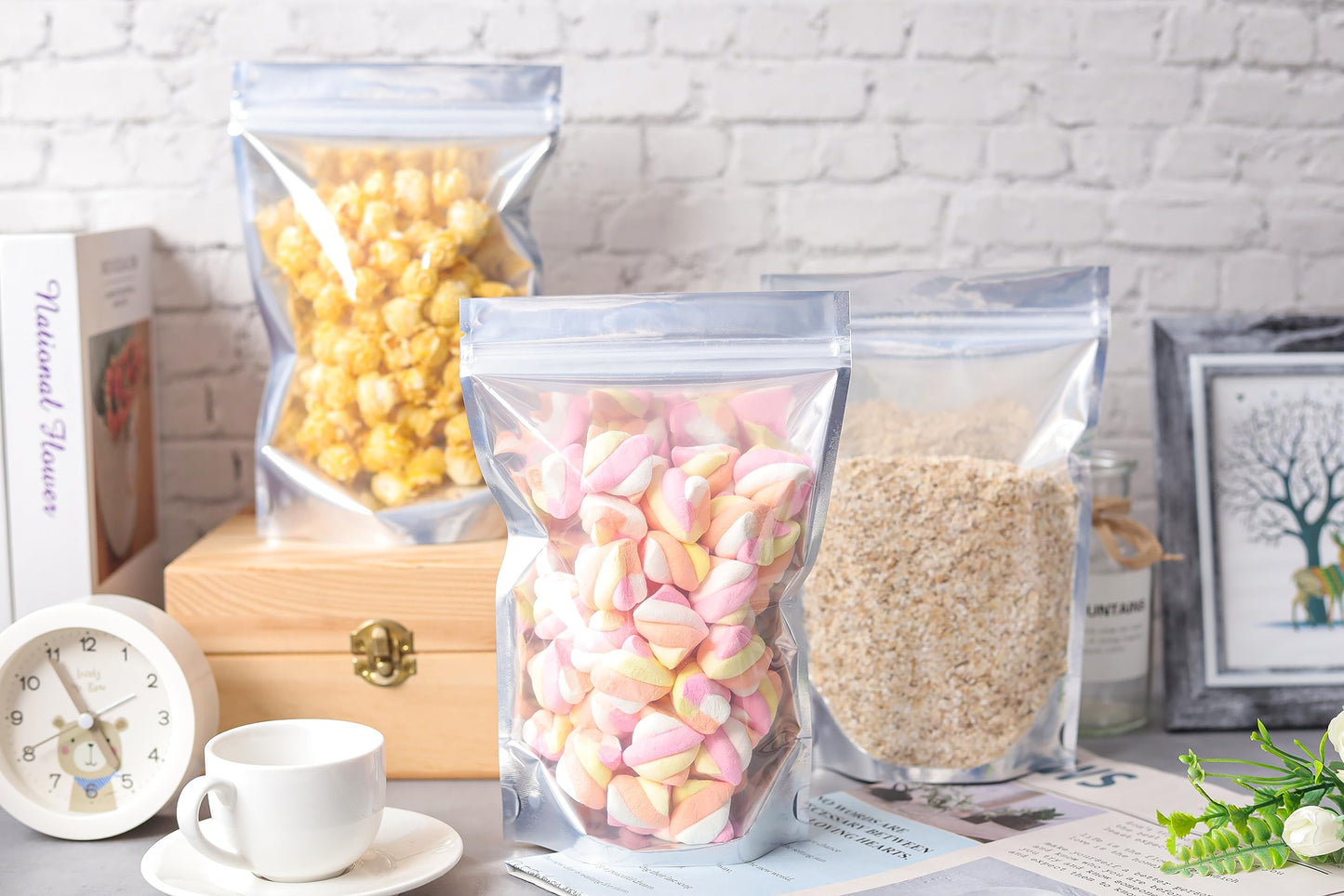 200 Pack 5x8 Mylar Bags with Window Stand Up Bgas 7.5mil Thick for Food Storage and Resealable for Small Business Packaging Bag