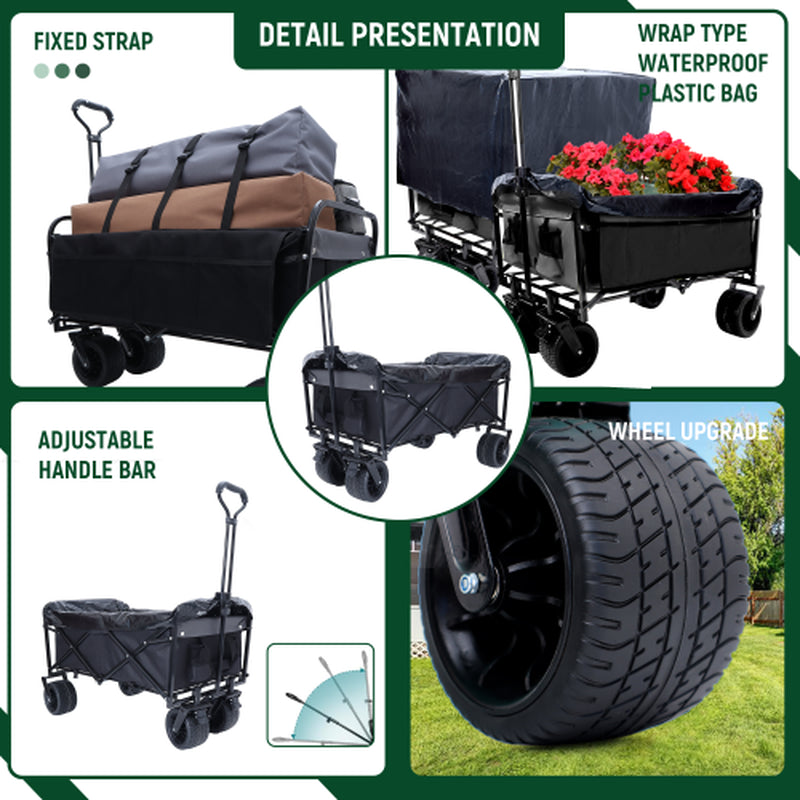 440Lbs Collapsible Foldable Wagon Cart with Strapping System ,Beach Wagon Utility Cart Utility Wagon Grocery Cart for Camping Shopping Sports Gardening Fishing Supports 3Pcs Plastic Liner Bag