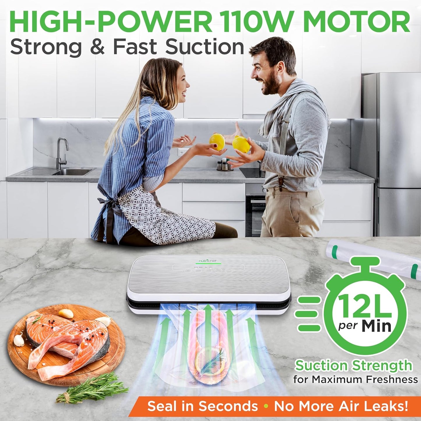 NutriChef Automatic Food Vacuum Sealer, Electric Air Sealing Preserver System for Dry and Moist Foods, LED Control, Strong Suction, Includes Bags, Wine Stopper Cork, and Air Suction Hose, 14”x6”x3”