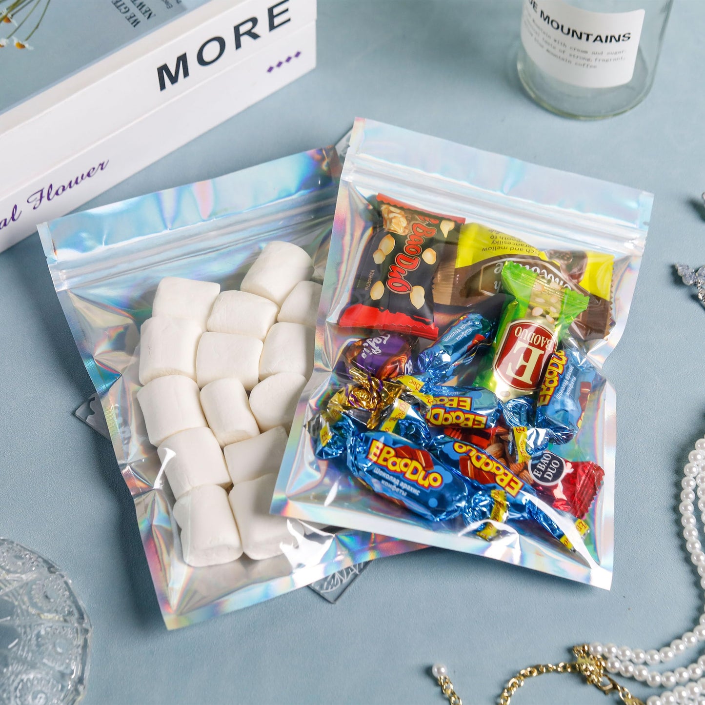 200 Pack 5x8 Mylar Bags with Window Stand Up Bgas 7.5mil Thick for Food Storage and Resealable for Small Business Packaging Bag