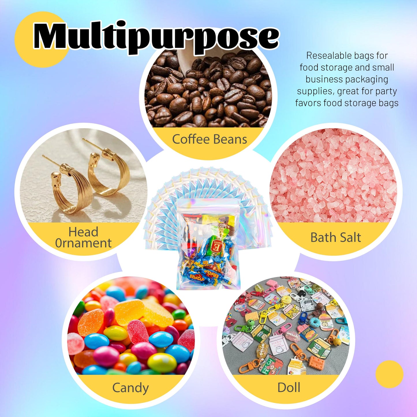 200 Pack 5x8 Mylar Bags with Window Stand Up Bgas 7.5mil Thick for Food Storage and Resealable for Small Business Packaging Bag