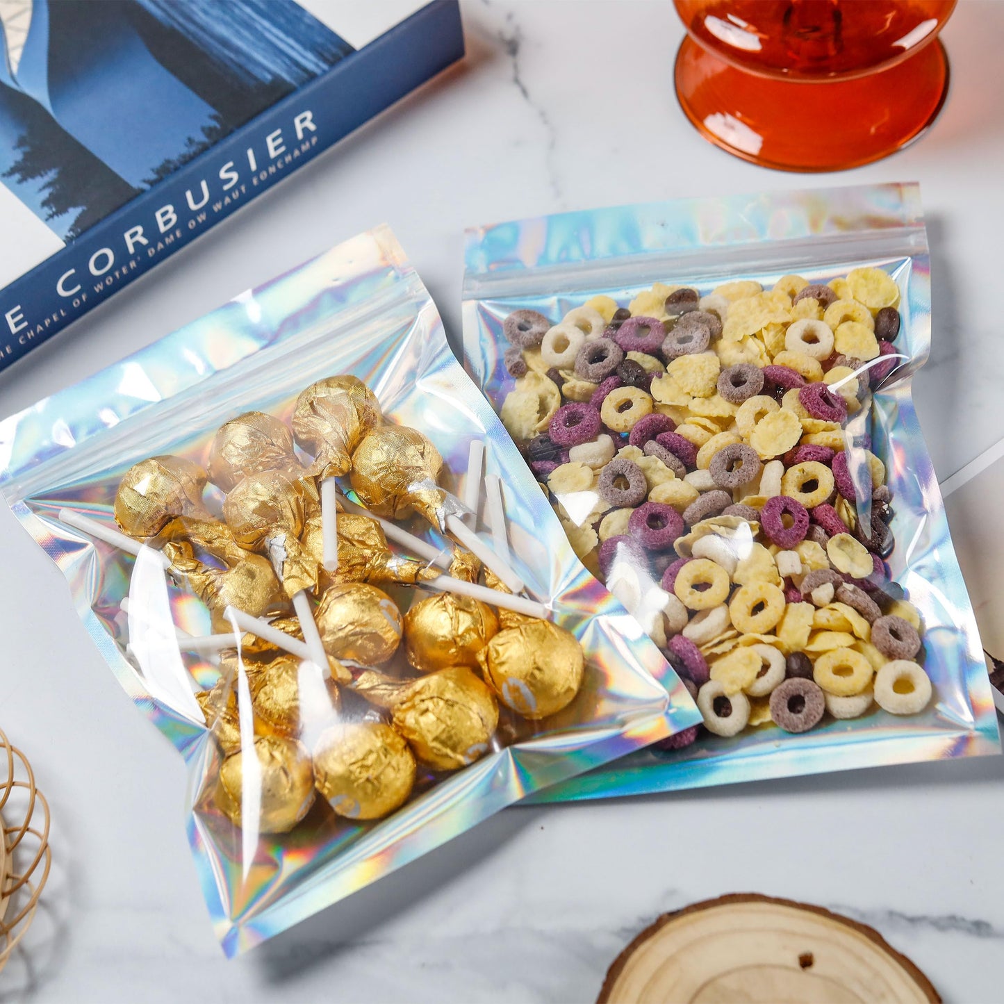 200 Pack 5x8 Mylar Bags with Window Stand Up Bgas 7.5mil Thick for Food Storage and Resealable for Small Business Packaging Bag