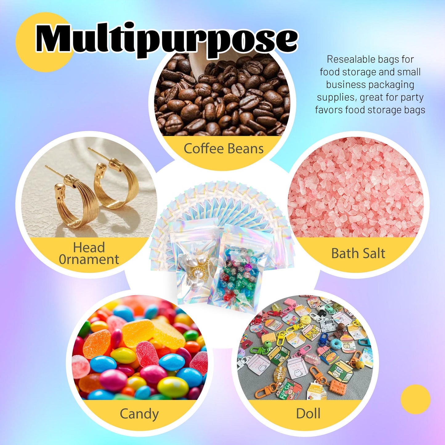 200 Pack 5x8 Mylar Bags with Window Stand Up Bgas 7.5mil Thick for Food Storage and Resealable for Small Business Packaging Bag