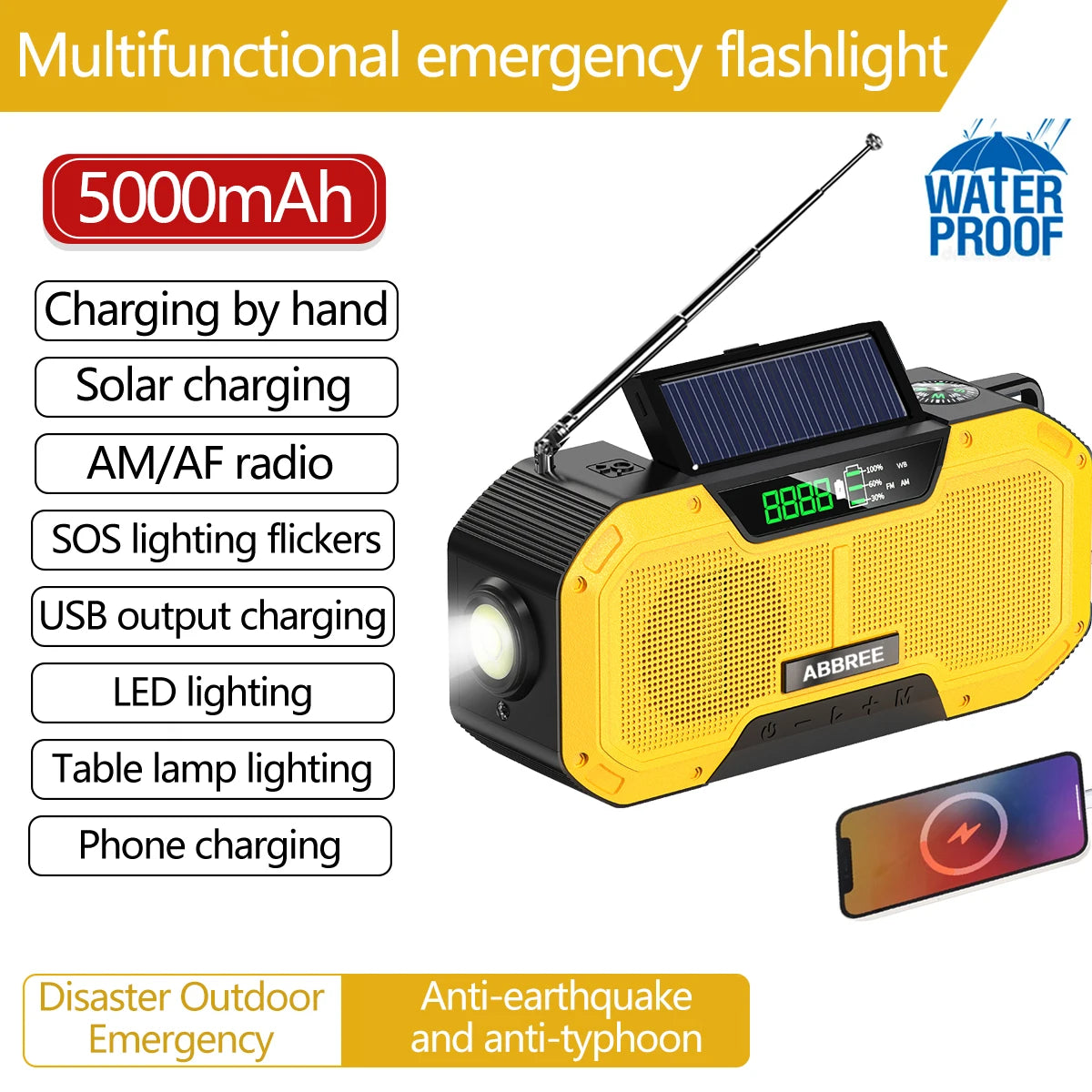ABBREE Waterproof Emergency Radio Auto Scan AM/FM Charge by Solar Power Hand Crank USB Charger Power Bank for Cellphone