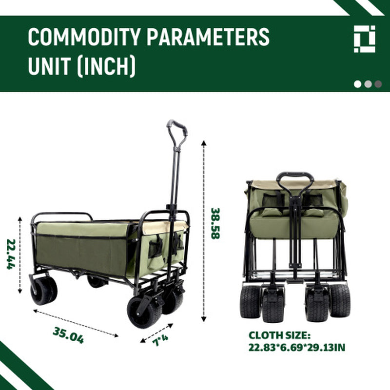 440Lbs Collapsible Foldable Wagon Cart with Strapping System ,Beach Wagon Utility Cart Utility Wagon Grocery Cart for Camping Shopping Sports Gardening Fishing Supports 3Pcs Plastic Liner Bag